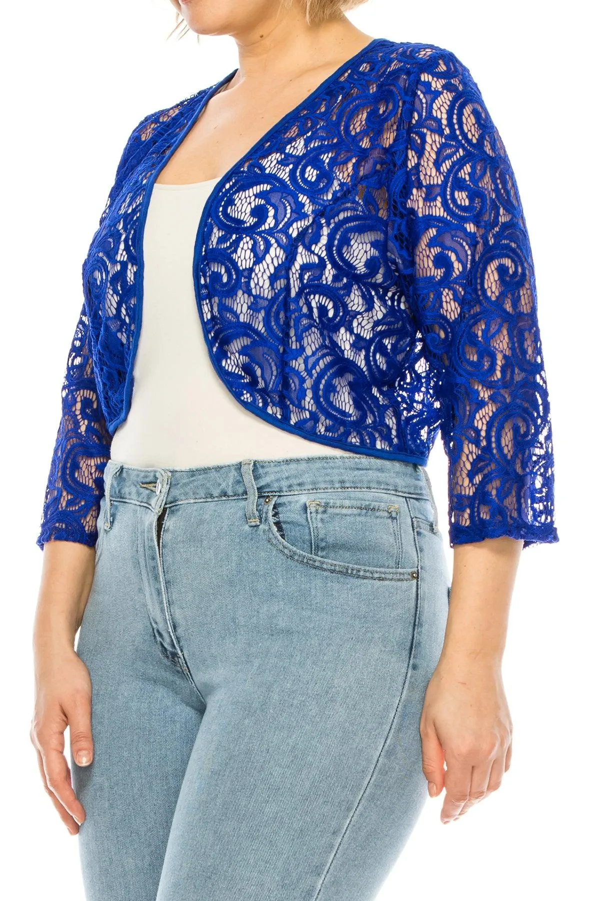 Women's Plus Size Casual Lace Bolero Crochet Cardigan 3/4 Sleeve Sheer Cover Up Jacket