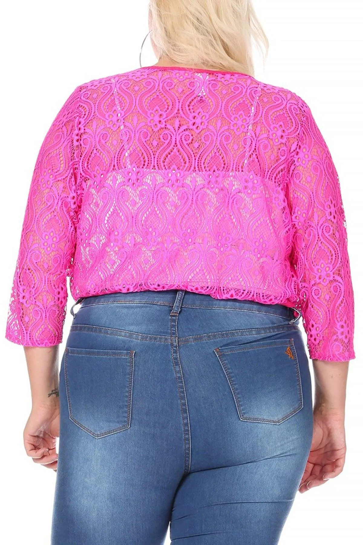 Women's Plus Size Casual Lace Bolero Crochet Cardigan 3/4 Sleeve Sheer Cover Up Jacket