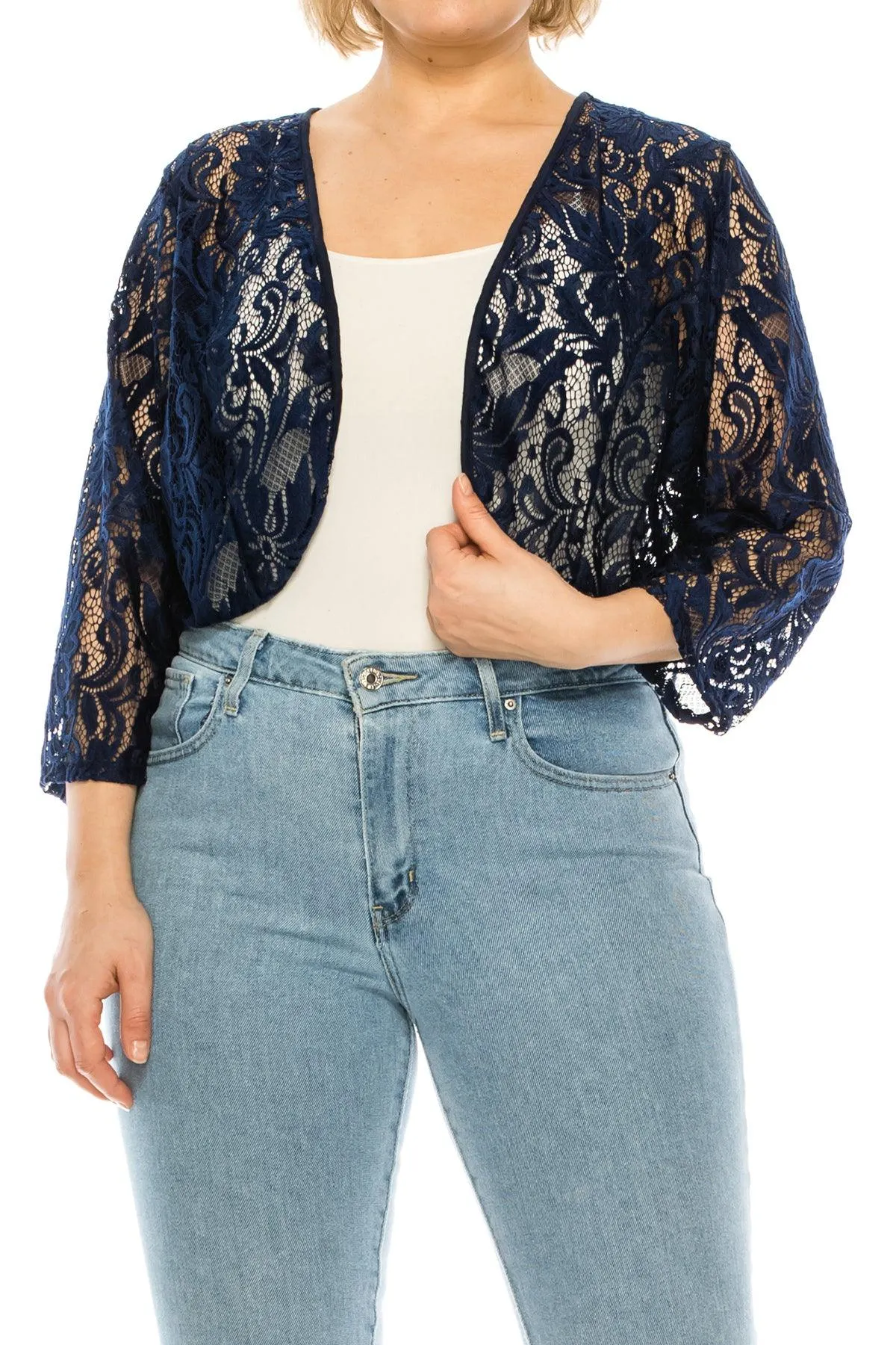 Women's Plus Size Casual Lace Bolero Crochet Cardigan 3/4 Sleeve Sheer Cover Up Jacket