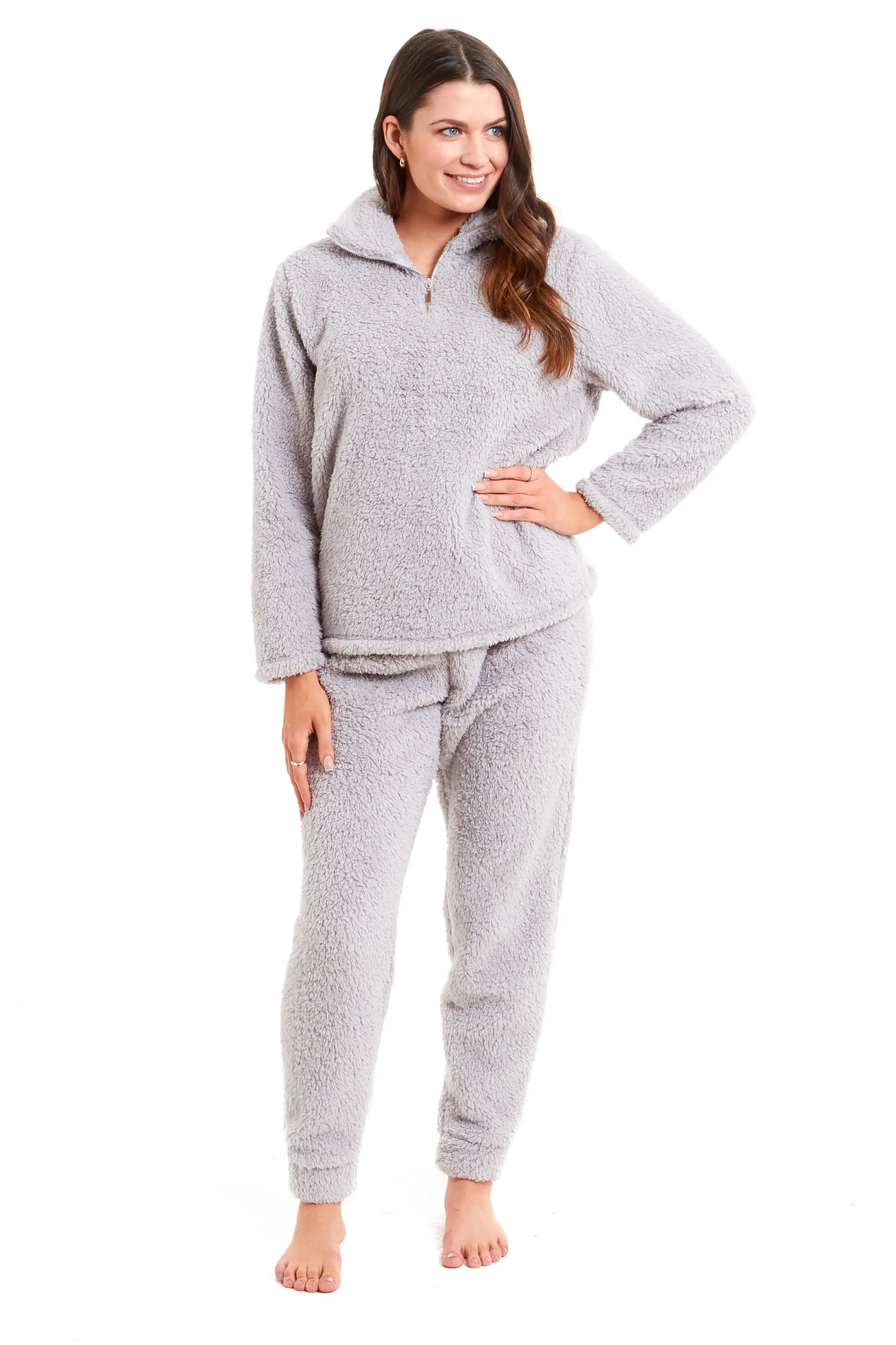 Women's Super Soft Teddy Fleece Lounge Set Cosy Fluffy Zip-Up Pyjama with Elasticated Waistband Warm Nightwear by Daisy Dreamer