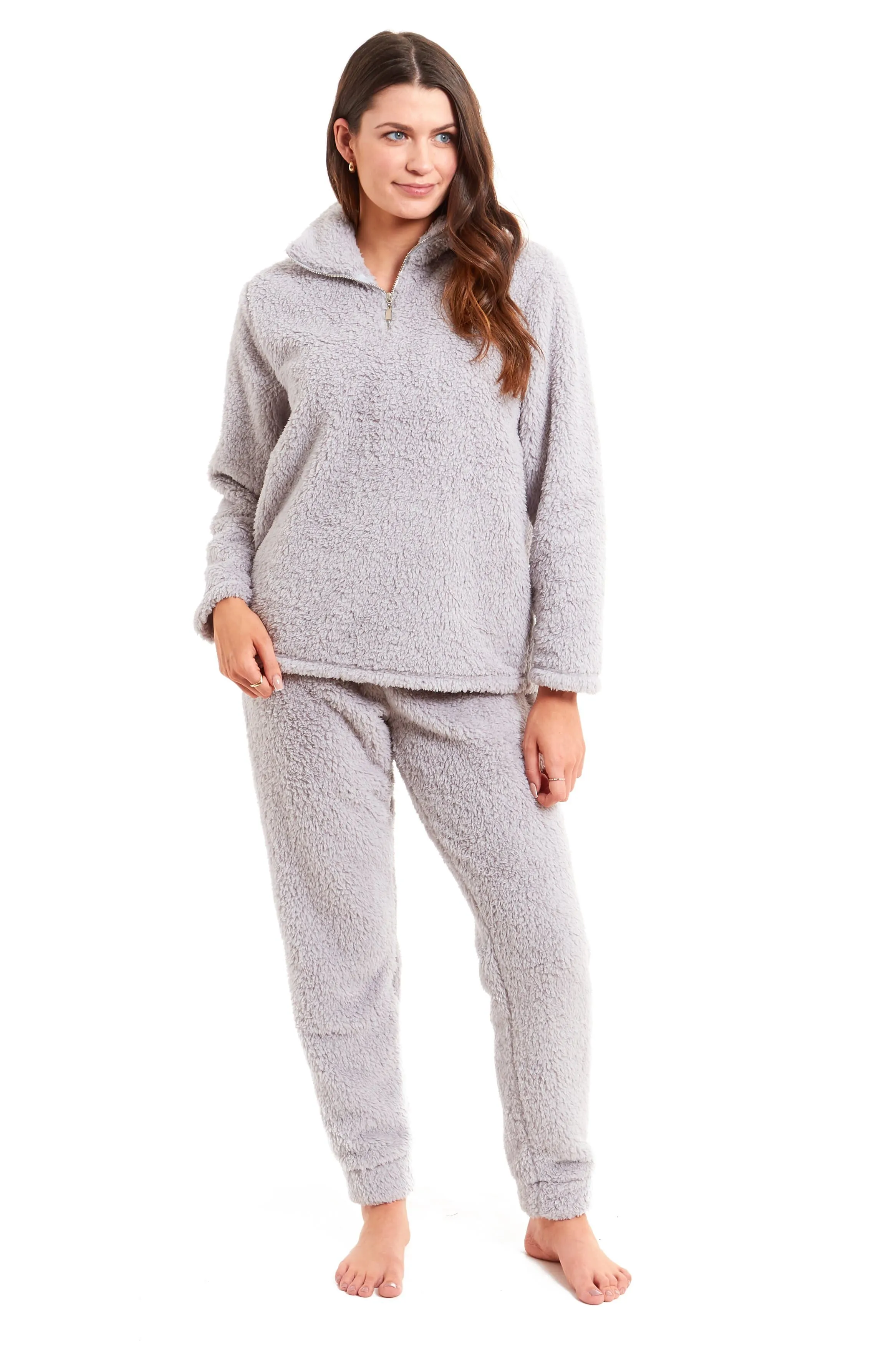 Women's Super Soft Teddy Fleece Lounge Set Cosy Fluffy Zip-Up Pyjama with Elasticated Waistband Warm Nightwear by Daisy Dreamer