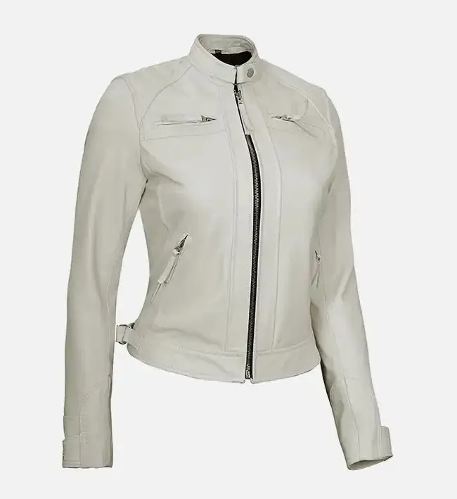 Women's White Diamond Moto Style Leather Jacket