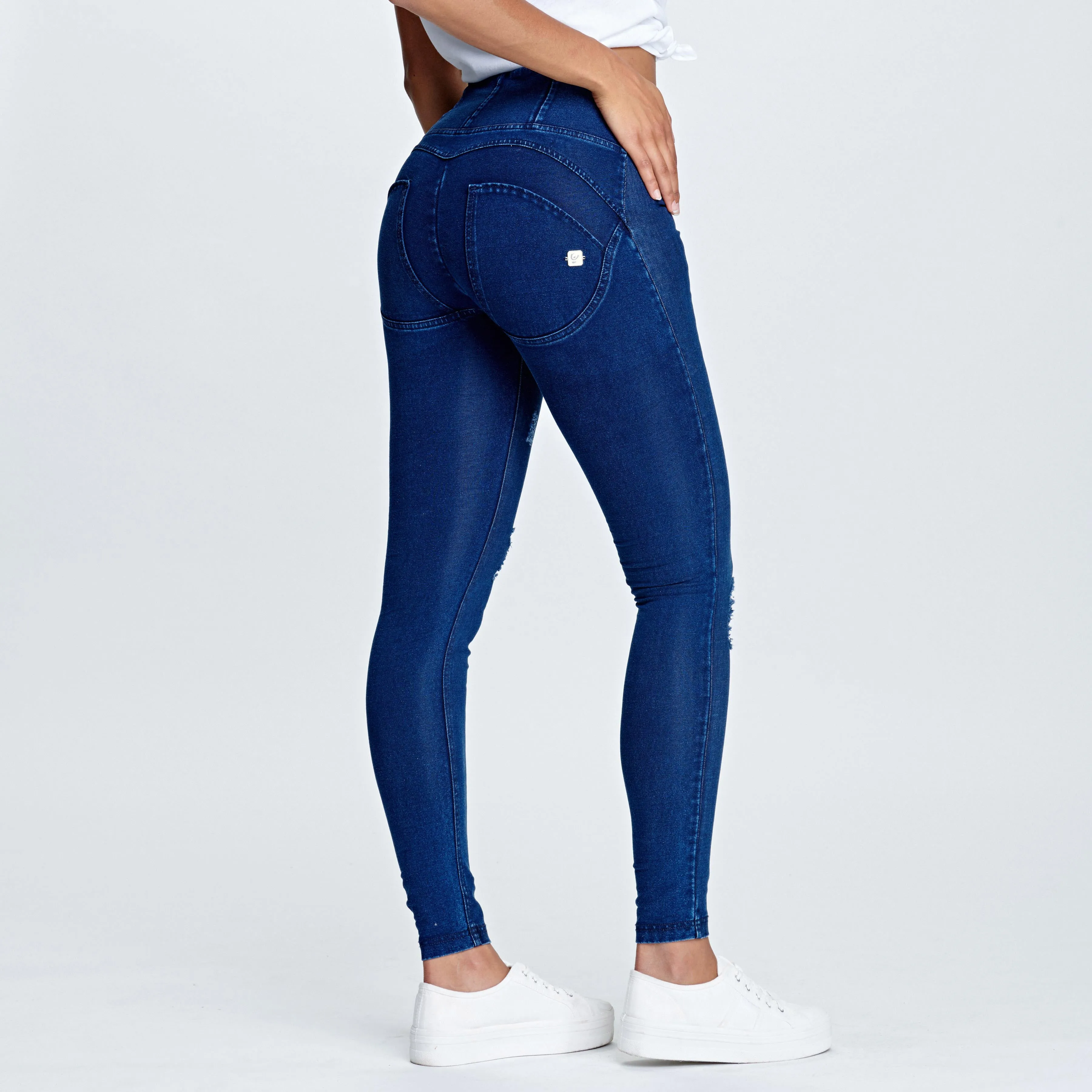 WR.UP® Distressed Denim - High Waist -  Full Length - Dark Blue   Blue Stitching