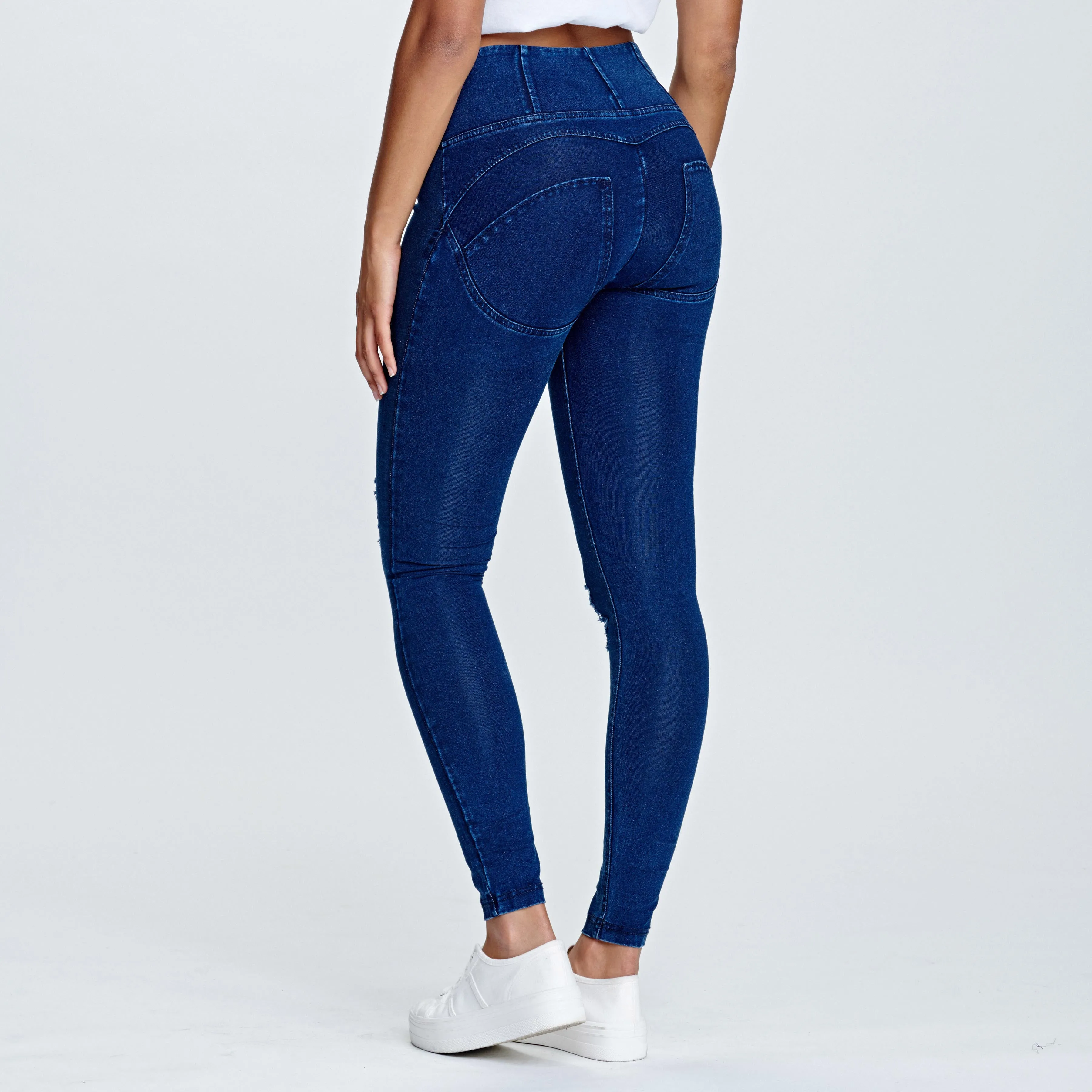 WR.UP® Distressed Denim - High Waist -  Full Length - Dark Blue   Blue Stitching