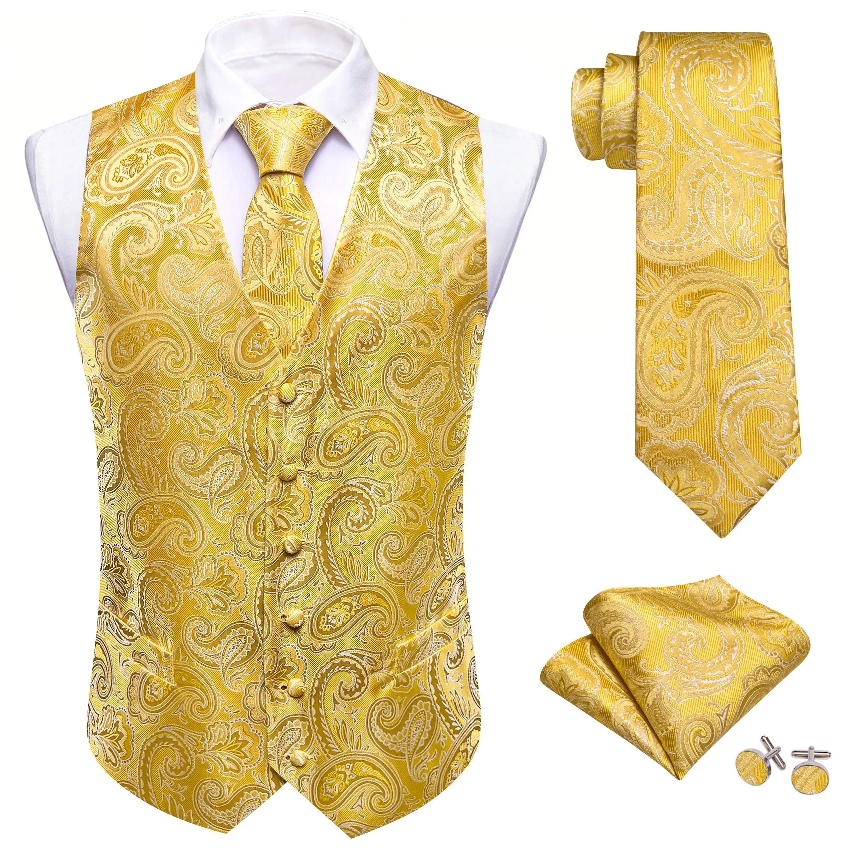 Yellow Paisley Silk Men's Vest Necktie Set Waistcoat Suit Set