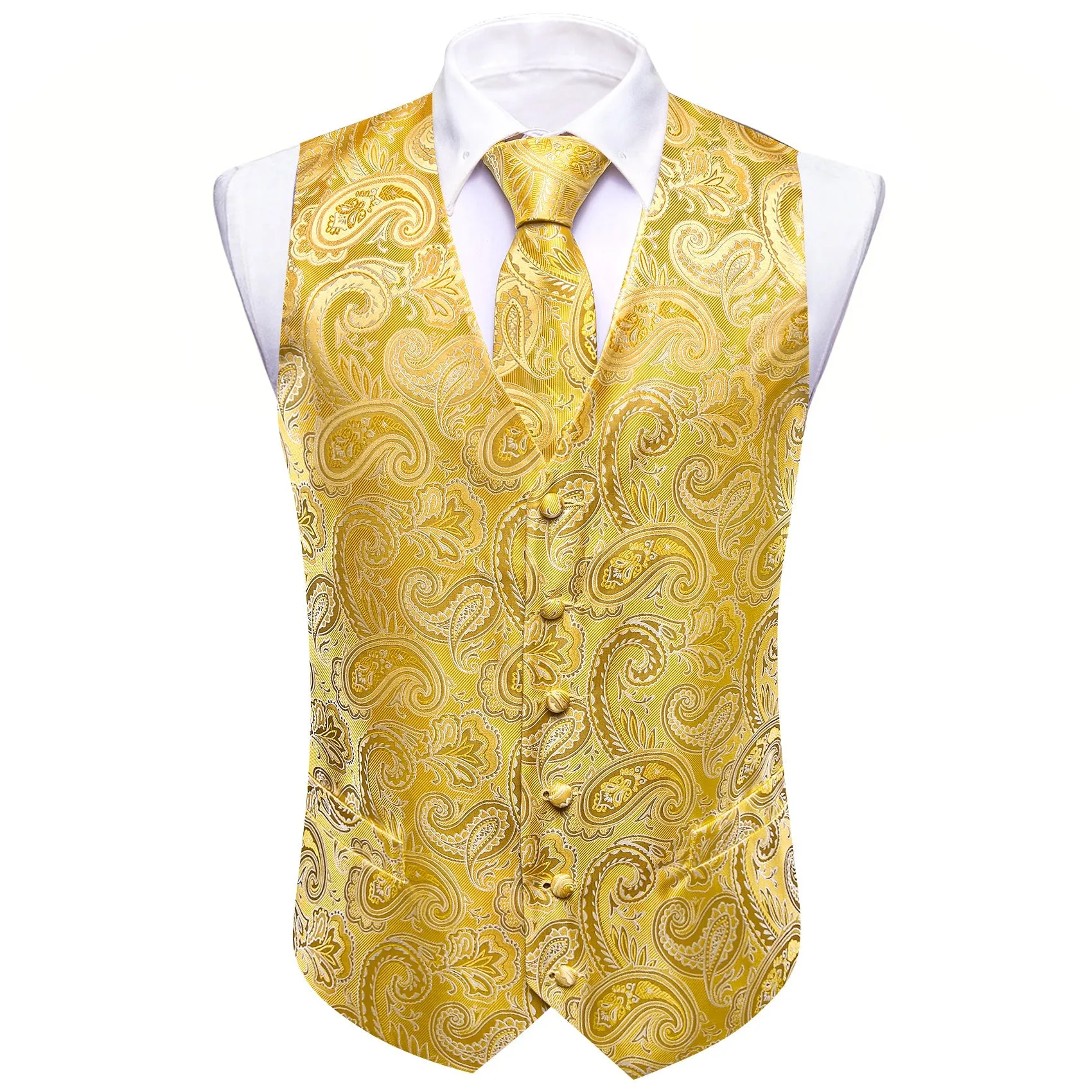 Yellow Paisley Silk Men's Vest Necktie Set Waistcoat Suit Set