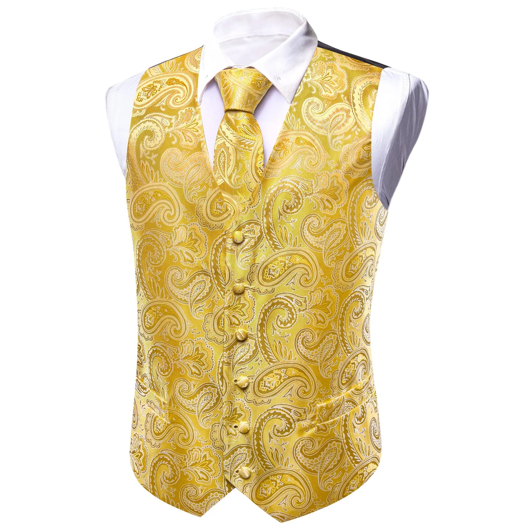 Yellow Paisley Silk Men's Vest Necktie Set Waistcoat Suit Set