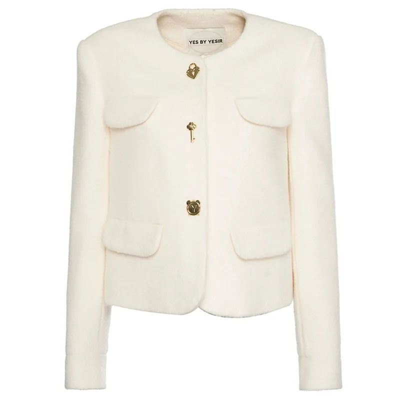 YES BY YESIR autumn winter simple beige short wool coat jacket blazer - yioi