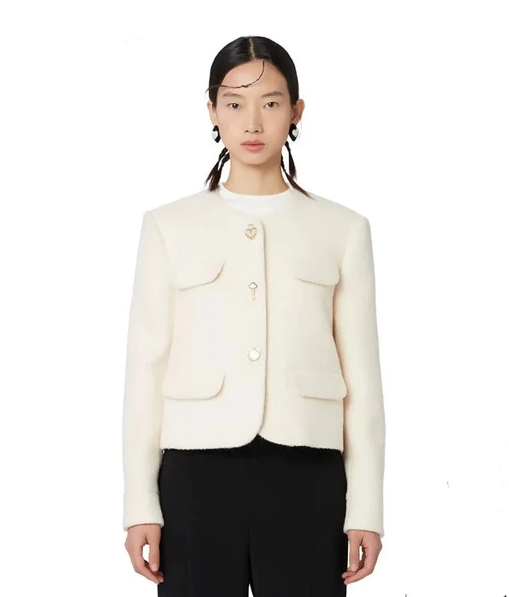 YES BY YESIR autumn winter simple beige short wool coat jacket blazer - yioi