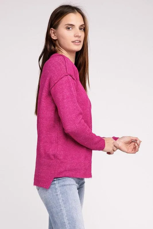 Zenana Hi-Low Hem Round Neck Sweater