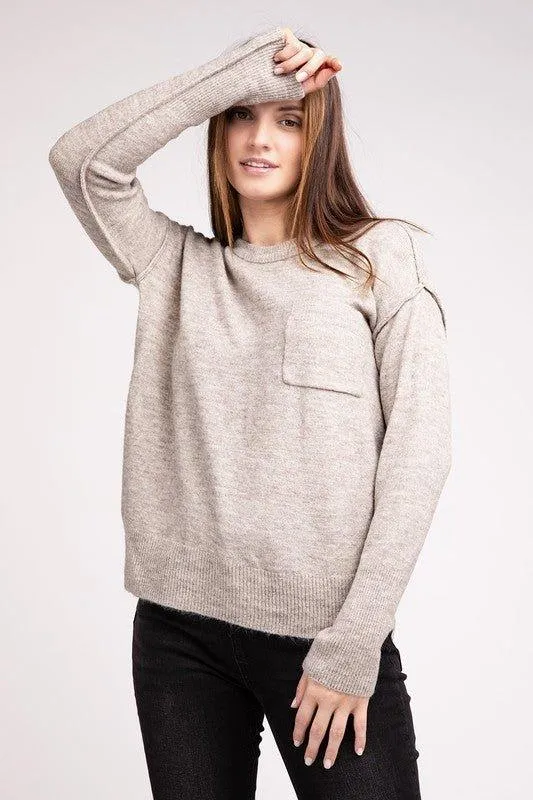 Zenana Hi-Low Hem Round Neck Sweater