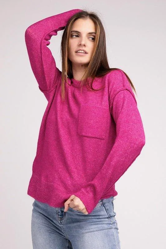 Zenana Hi-Low Hem Round Neck Sweater