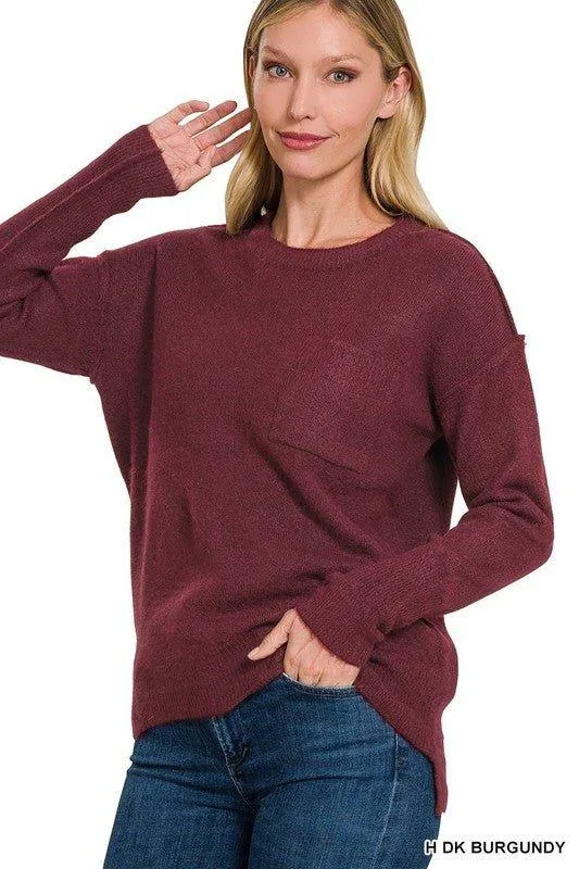 Zenana Hi-Low Hem Round Neck Sweater