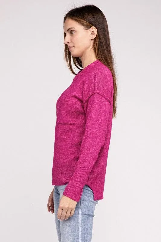 Zenana Hi-Low Hem Round Neck Sweater