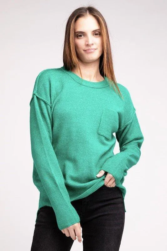 Zenana Hi-Low Hem Round Neck Sweater