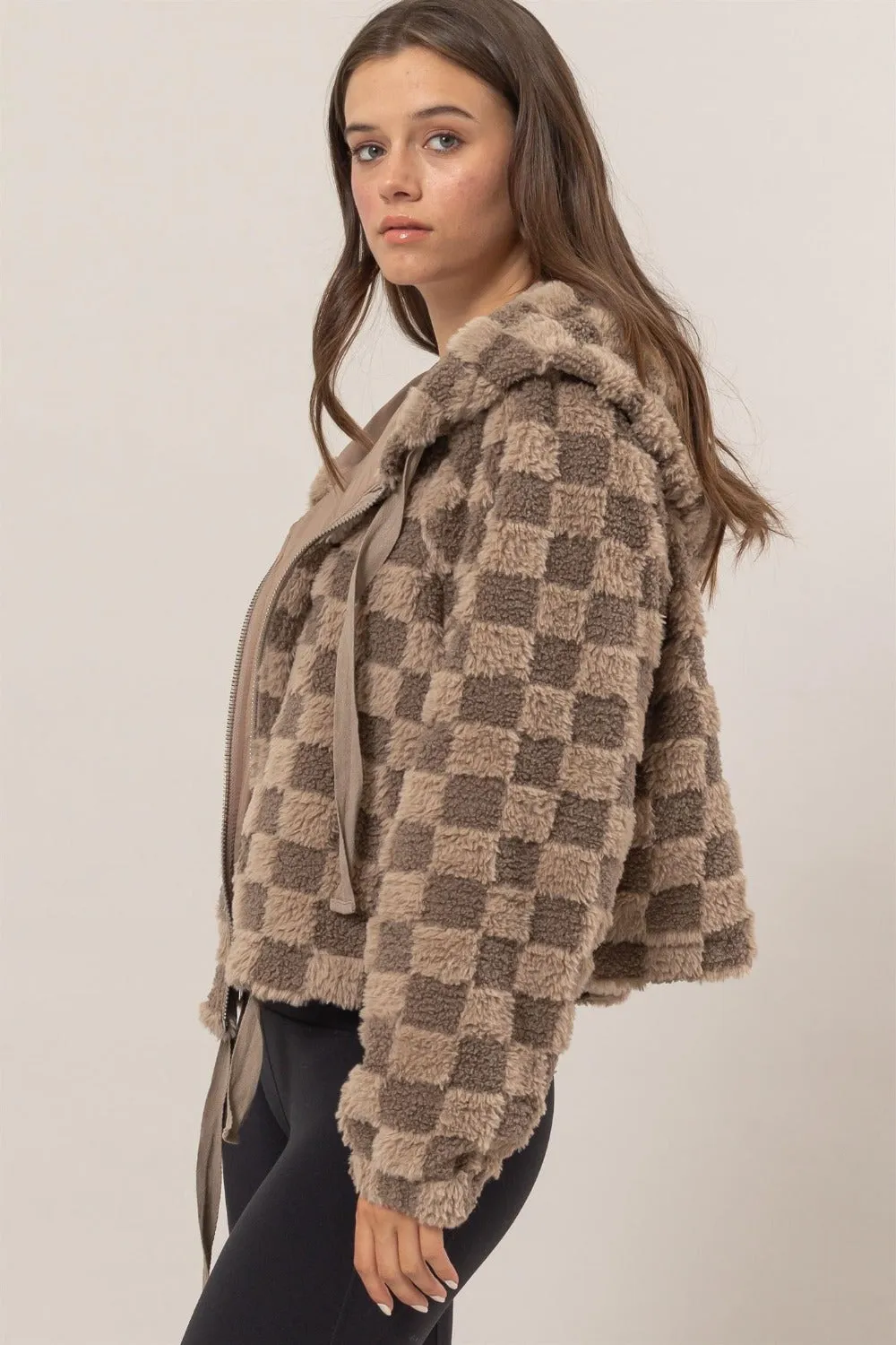 Zip Up Sherpa Checkered Hooded Jacket